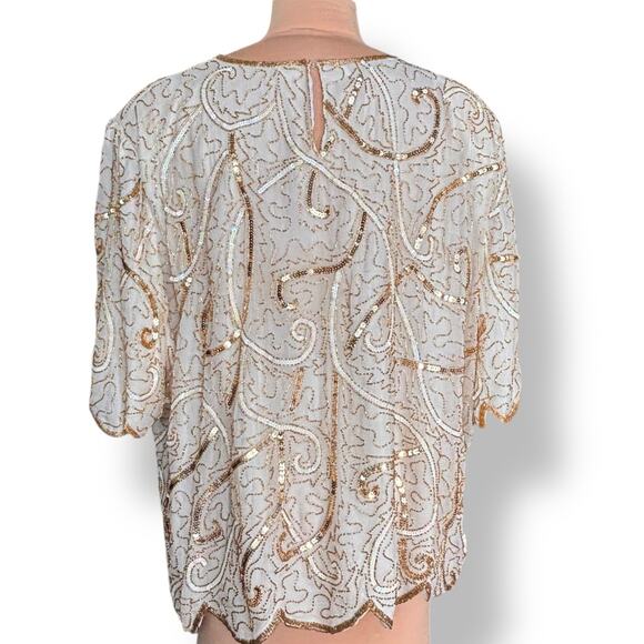 Vintage 90s Beaded Silk Top Metallic Sequin Gold White Evening Blouse Plus Size - Picture 7 of 13